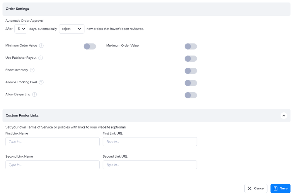 The Self-Serve order settings in AdButler